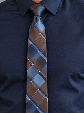 Calvin Klein Men's Necktie Print Silver Brown Squares 58 X 3.5" W  100% Silk New